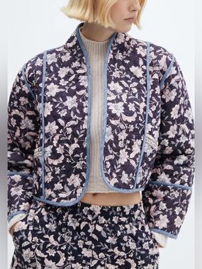 Mango Quilted Floral Cropped Jacket in Navy and Light Pink